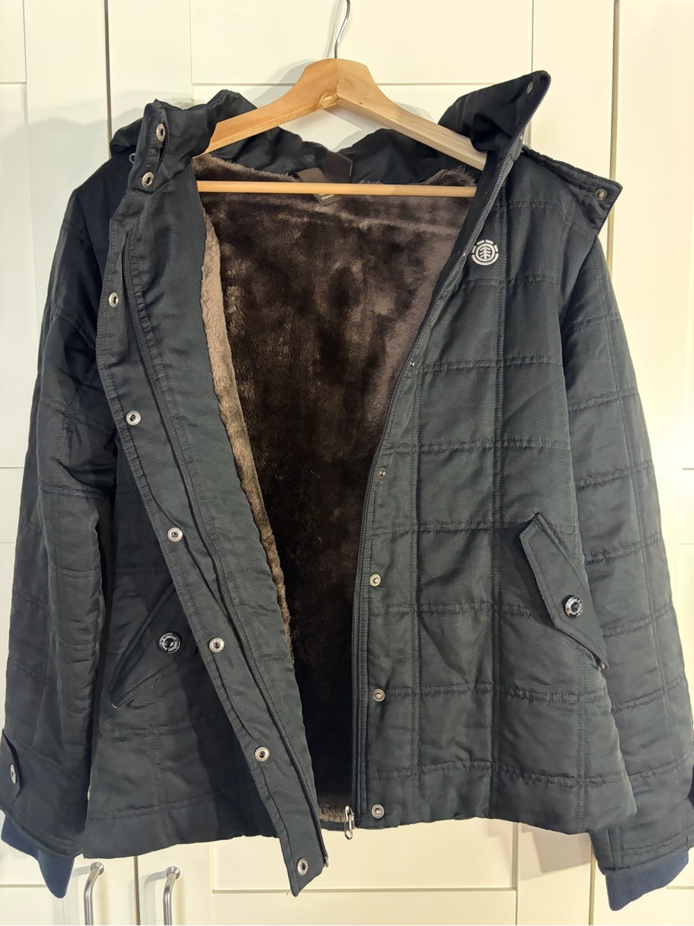 Element Men's Black Puffer Jacket with Brown Faux-Fur Lining W